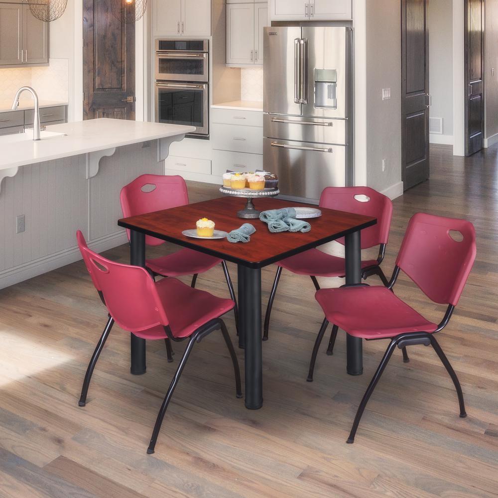 Kee 48" Square Breakroom Table- Cherry/ Black & 4 'M' Stack Chairs- Burgundy. Picture 2