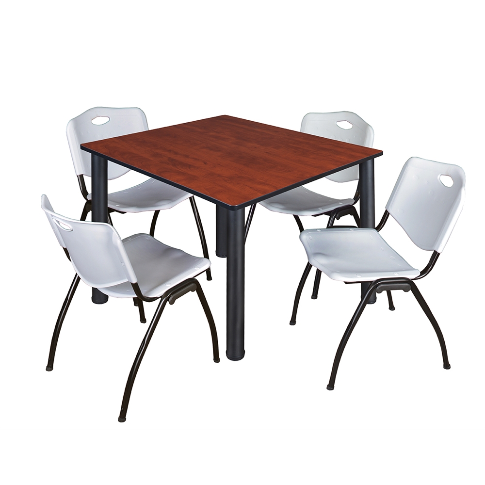 Kee 48" Square Breakroom Table- Cherry/ Black & 4 'M' Stack Chairs- Grey. Picture 1