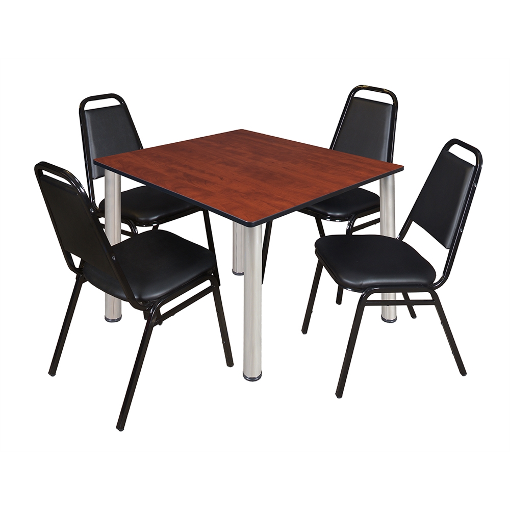 Kee 48" Square Breakroom Table- Cherry/ Chrome & 4 Restaurant Stack Chairs- Black. Picture 1