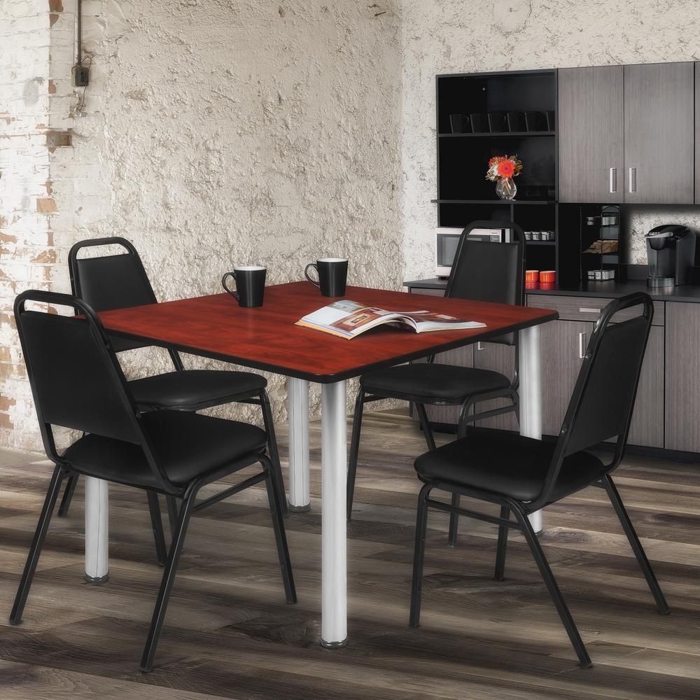 Kee 48" Square Breakroom Table- Cherry/ Chrome & 4 Restaurant Stack Chairs- Black. Picture 2