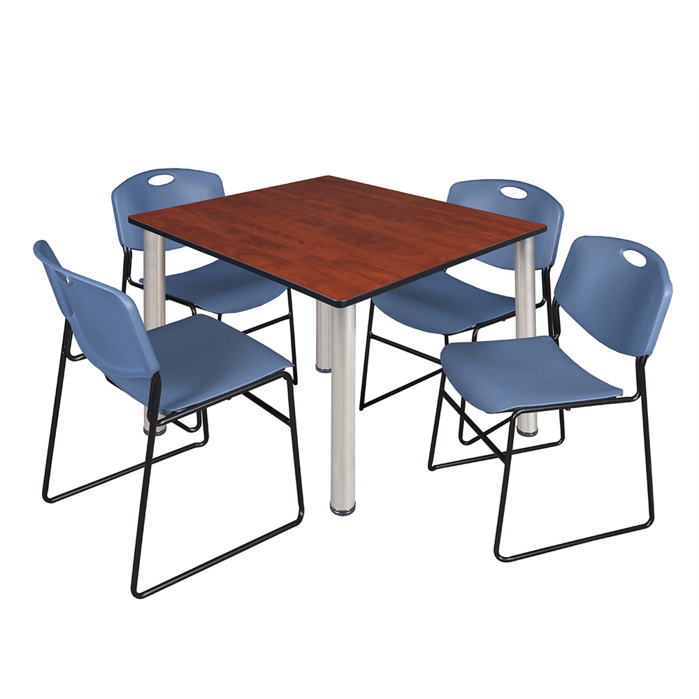 Kee 48" Square Breakroom Table- Cherry/ Chrome & 4 Zeng Stack Chairs- Blue. Picture 1