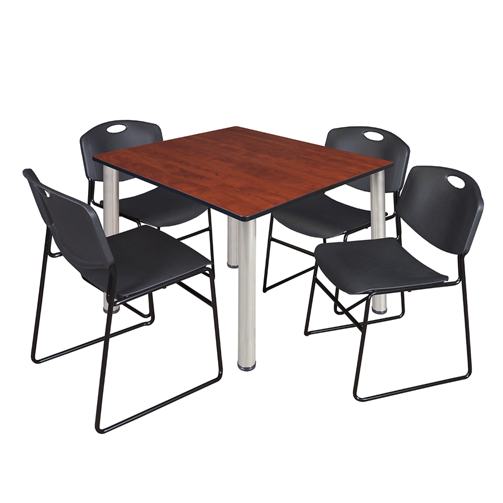 Kee 48" Square Breakroom Table- Cherry/ Chrome & 4 Zeng Stack Chairs- Black. Picture 1