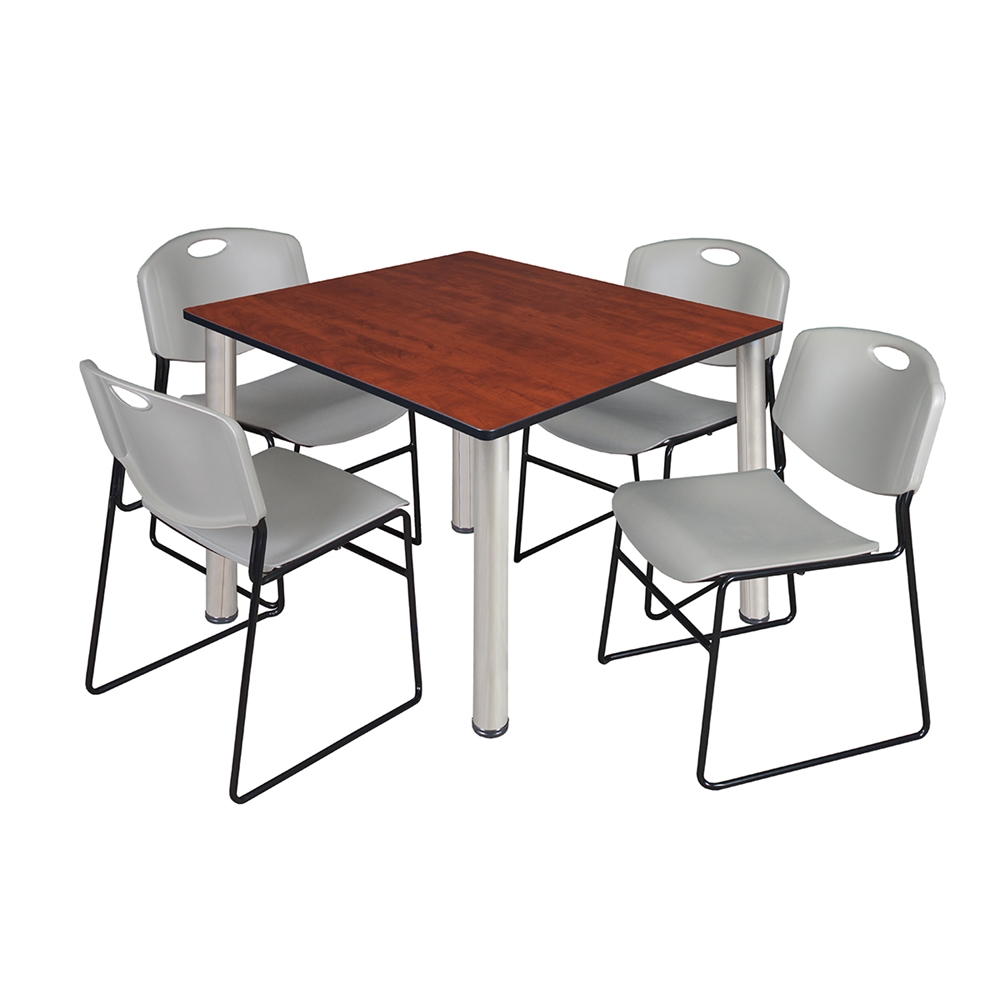 Kee 48" Square Breakroom Table- Cherry/ Chrome & 4 Zeng Stack Chairs- Grey. Picture 1