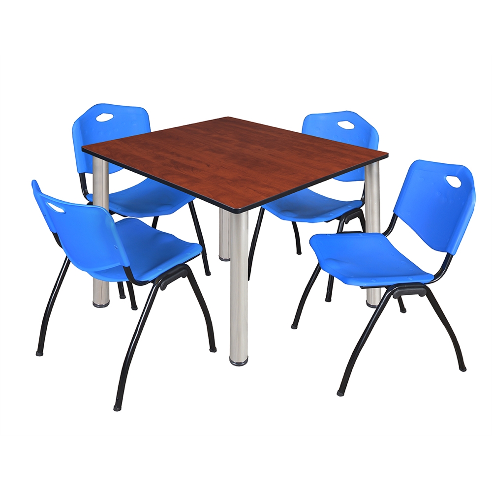 Kee 48" Square Breakroom Table- Cherry/ Chrome & 4 'M' Stack Chairs- Blue. Picture 1