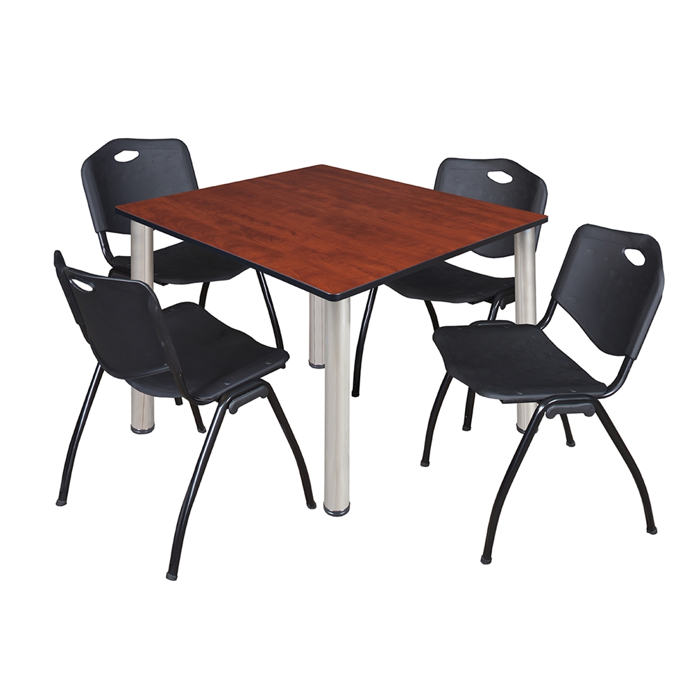 Kee 48" Square Breakroom Table- Cherry/ Chrome & 4 'M' Stack Chairs- Black. Picture 1