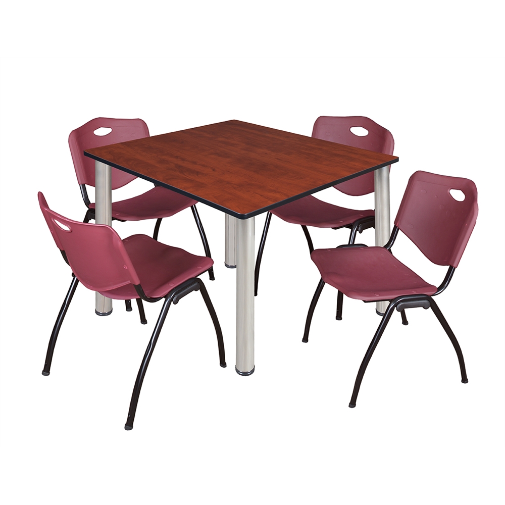 Kee 48" Square Breakroom Table- Cherry/ Chrome & 4 'M' Stack Chairs- Burgundy. Picture 1