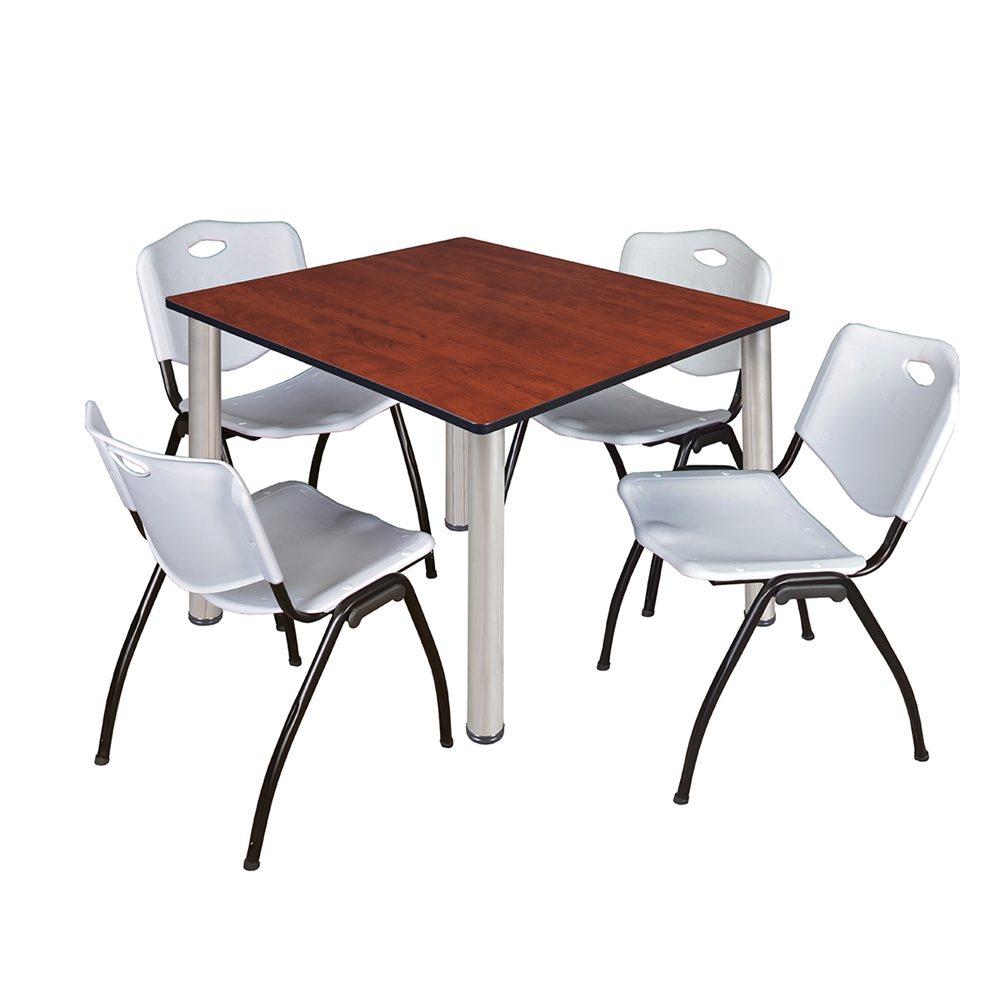 Kee 48" Square Breakroom Table- Cherry/ Chrome & 4 'M' Stack Chairs- Grey. Picture 1