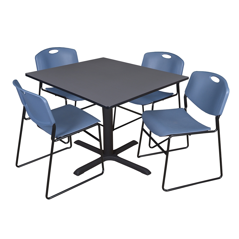 Cain 48" Square Breakroom Table- Grey & 4 Zeng Stack Chairs- Blue. Picture 1