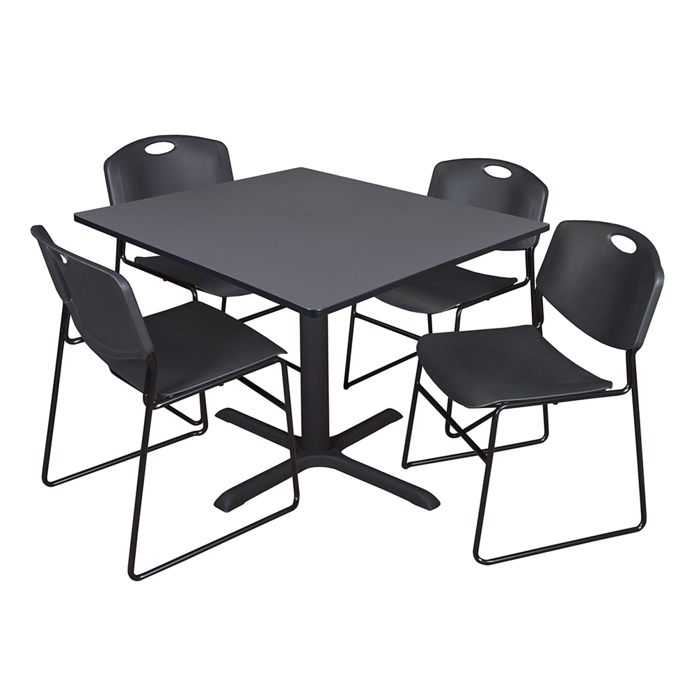 Cain 48" Square Breakroom Table- Grey & 4 Zeng Stack Chairs- Black. Picture 1
