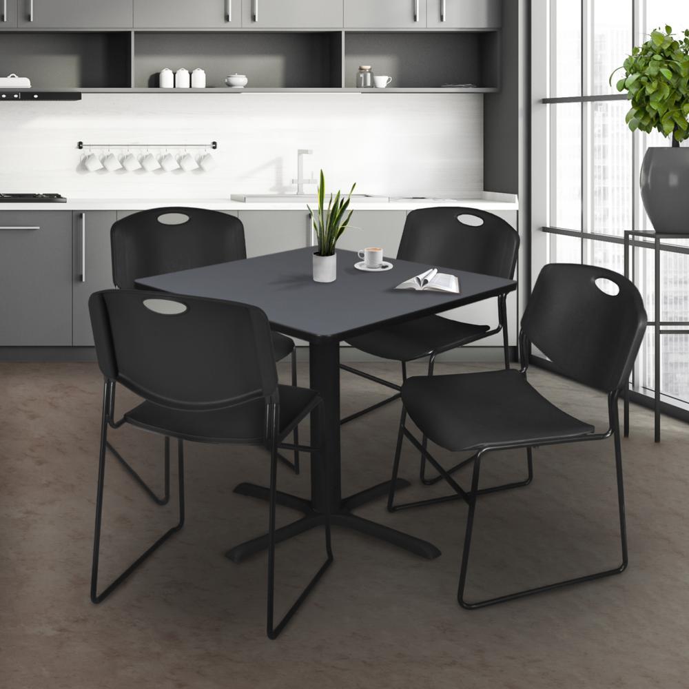Cain 48" Square Breakroom Table- Grey & 4 Zeng Stack Chairs- Black. Picture 2