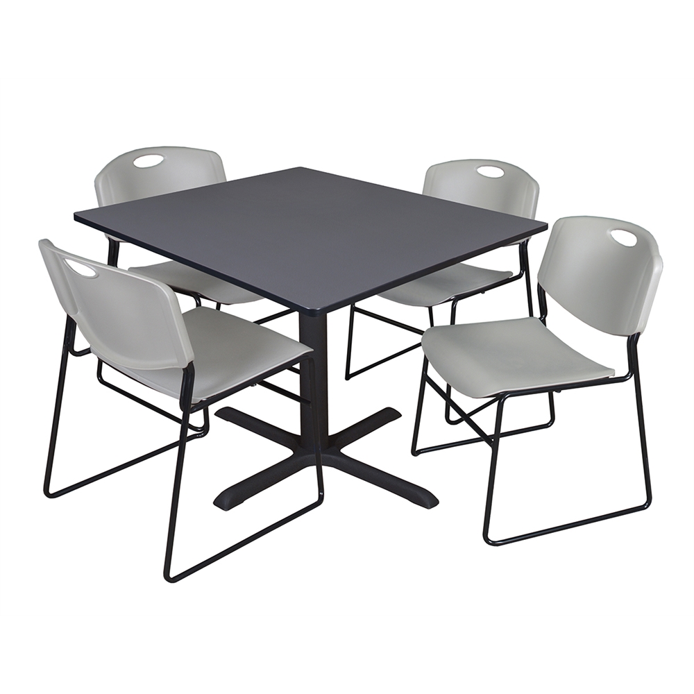 Cain 48" Square Breakroom Table- Grey & 4 Zeng Stack Chairs- Grey. Picture 1