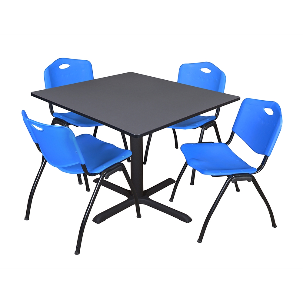 Cain 48" Square Breakroom Table- Grey & 4 'M' Stack Chairs- Blue. Picture 1