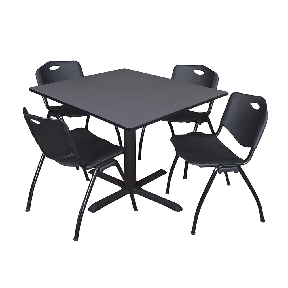Cain 48" Square Breakroom Table- Grey & 4 'M' Stack Chairs- Black. Picture 1