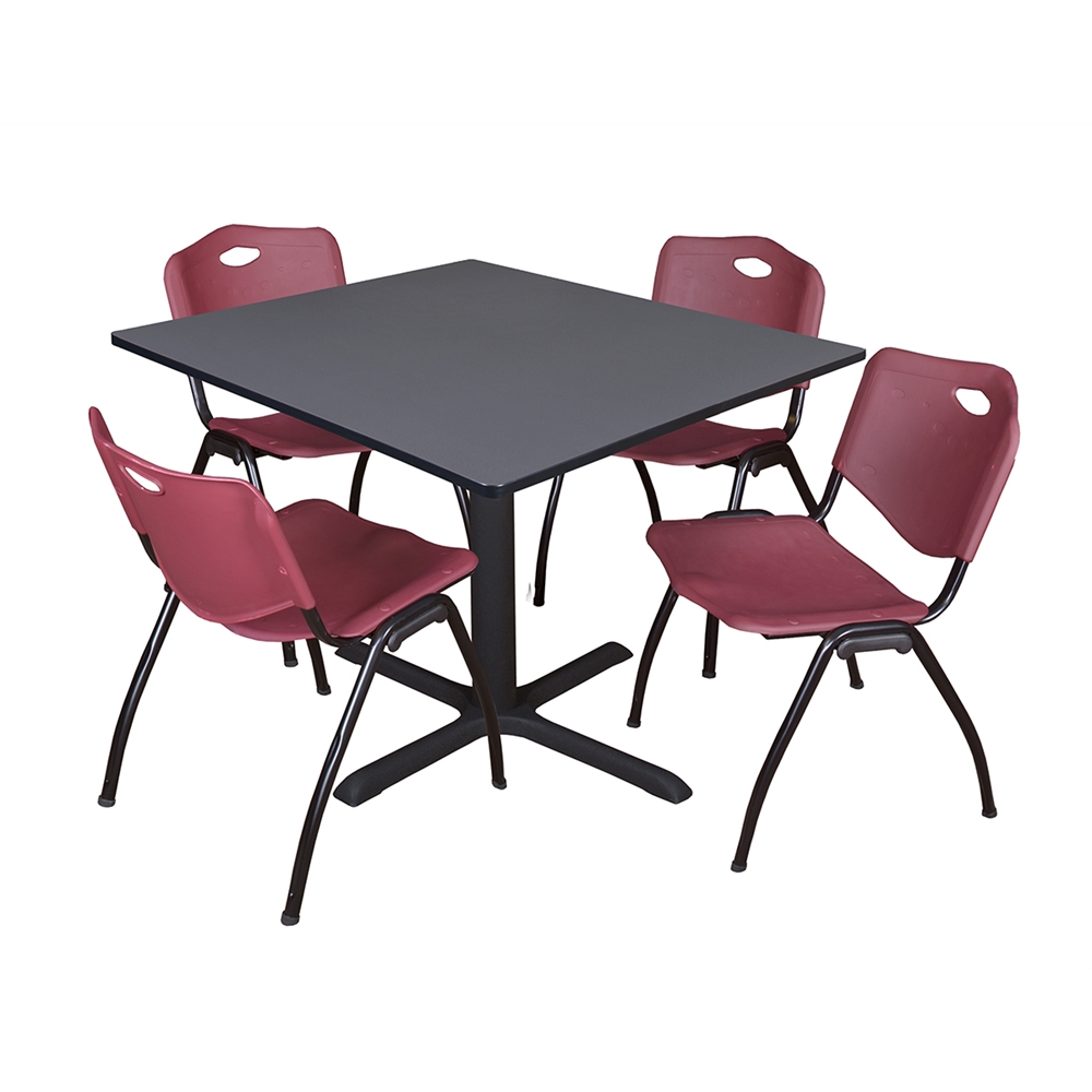 Cain 48" Square Breakroom Table- Grey & 4 'M' Stack Chairs- Burgundy. Picture 1