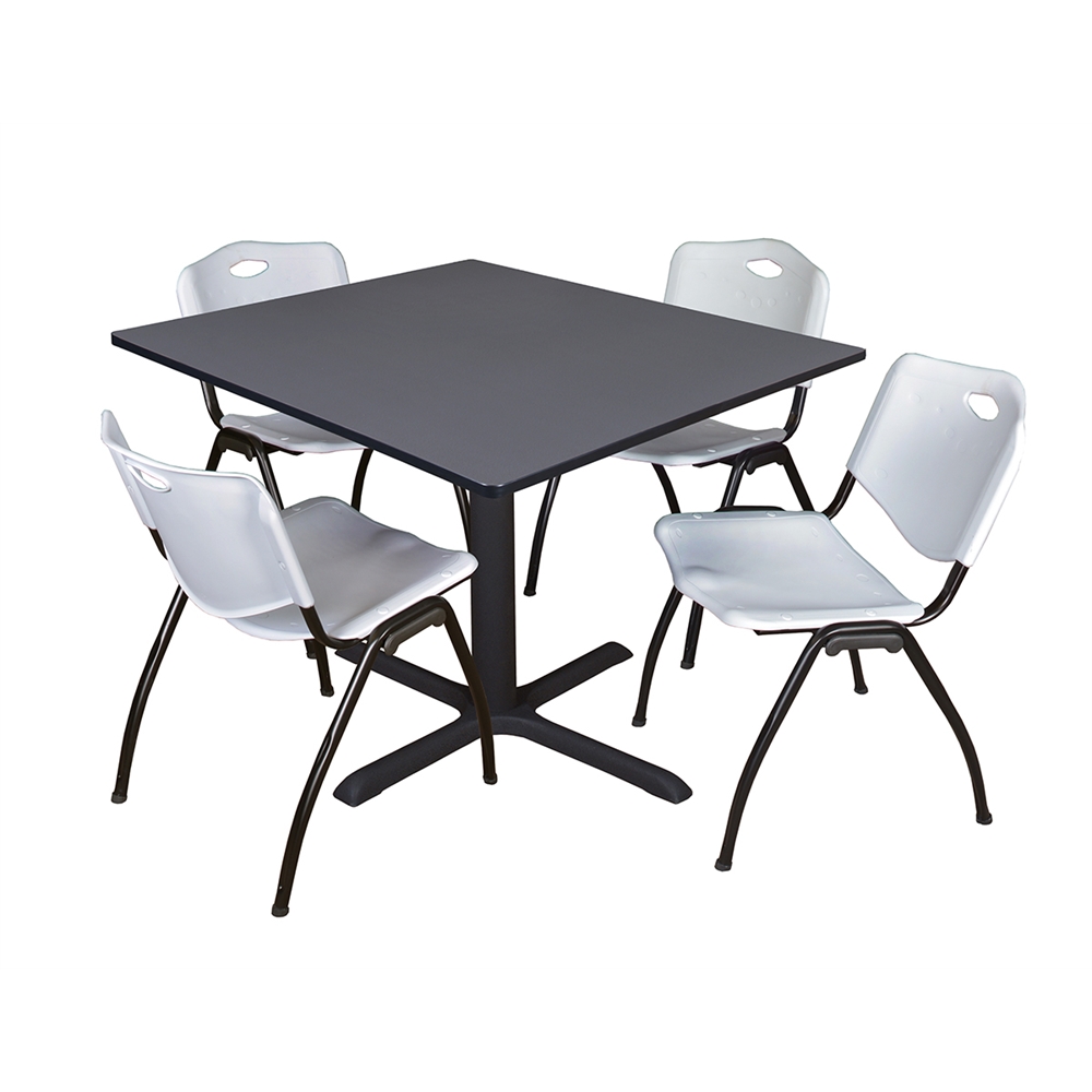 Cain 48" Square Breakroom Table- Grey & 4 'M' Stack Chairs- Grey. Picture 1