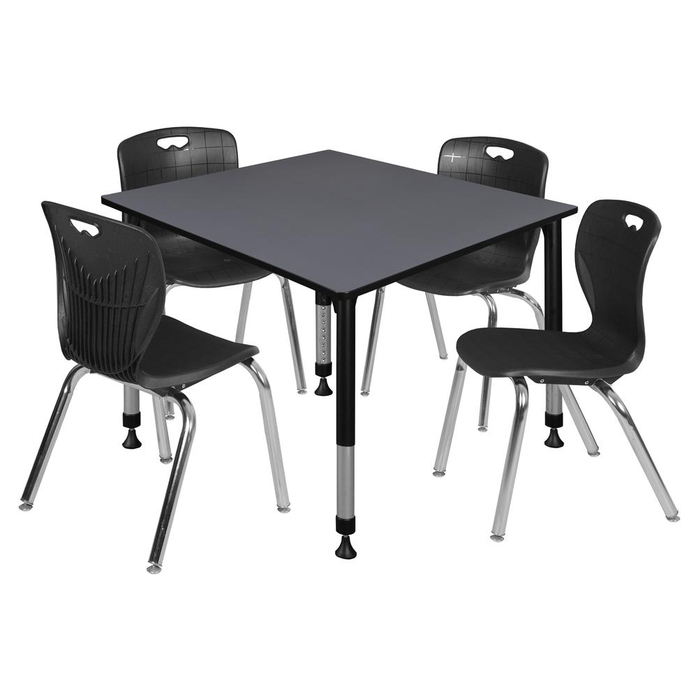 Kee 48" Square Height Adjustable Classroom Table - Grey & 4 Andy 18-in Stack Chairs- Black. Picture 1