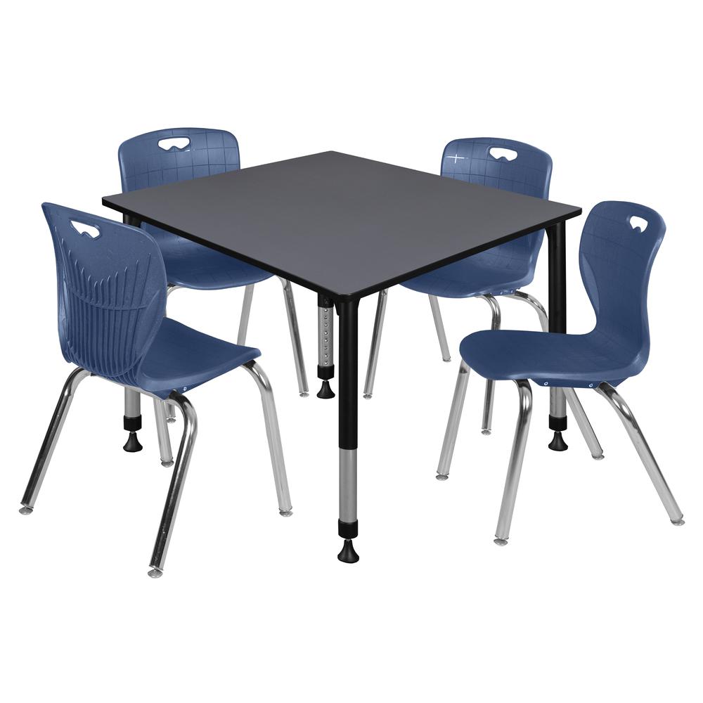 Kee 48" Square Height Adjustable Classroom Table - Grey & 4 Andy 18-in Stack Chairs- Navy Blue. Picture 1