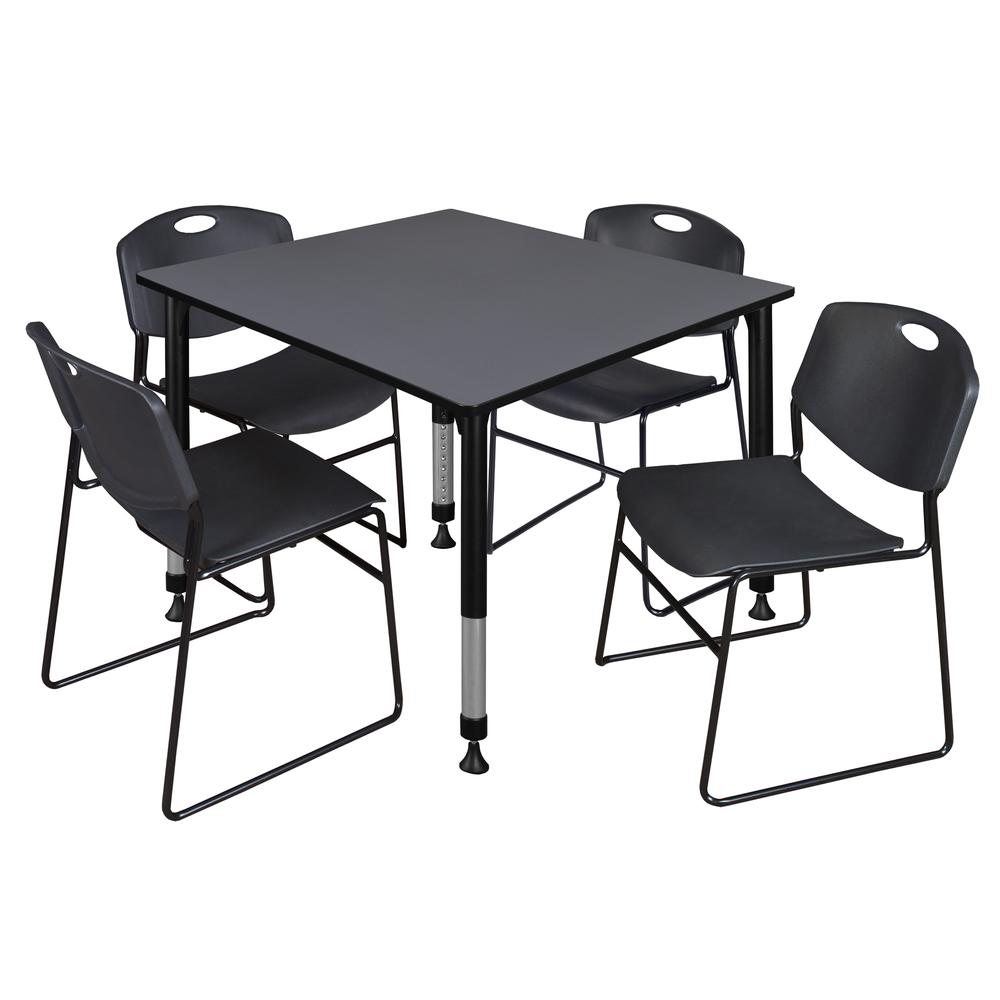Kee 48" Square Height Adjustable Classroom Table - Grey & 4 Zeng Stack Chairs- Black. Picture 1