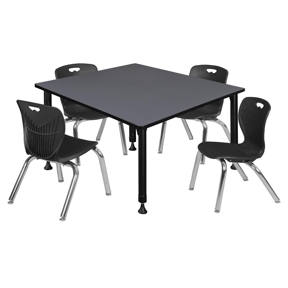 Kee 48" Square Height Adjustable Classroom Table - Grey & 4 Andy 12-in Stack Chairs- Black. Picture 1