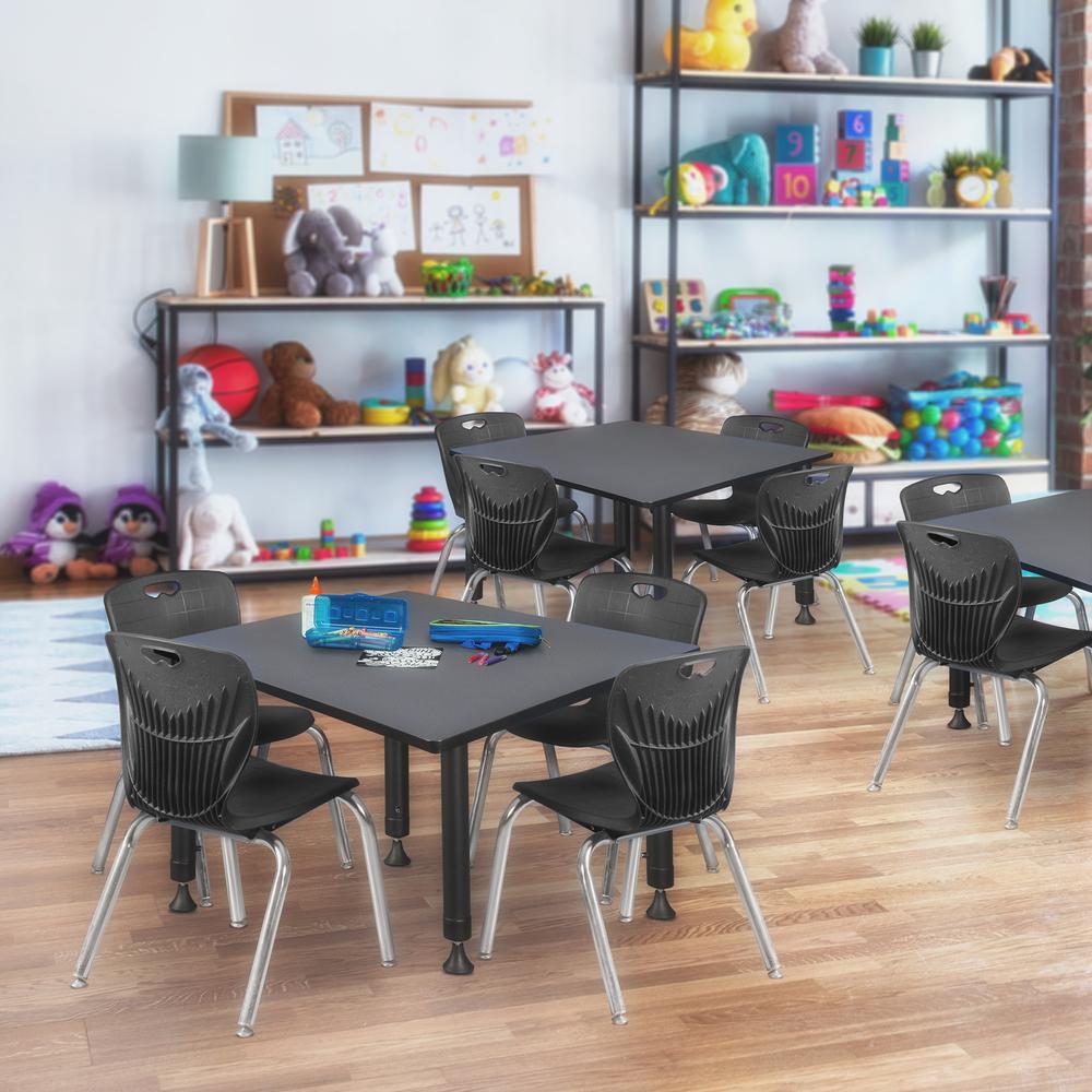 Kee 48" Square Height Adjustable Classroom Table - Grey & 4 Andy 12-in Stack Chairs- Black. Picture 7
