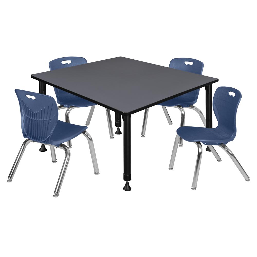 Kee 48" Square Height Adjustable Classroom Table - Grey & 4 Andy 12-in Stack Chairs- Navy Blue. Picture 1
