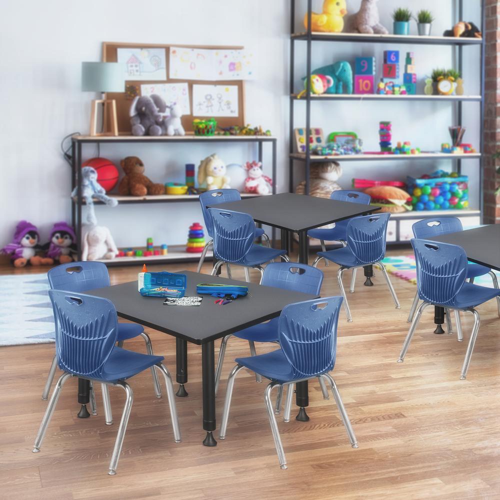 Kee 48" Square Height Adjustable Classroom Table - Grey & 4 Andy 12-in Stack Chairs- Navy Blue. Picture 7