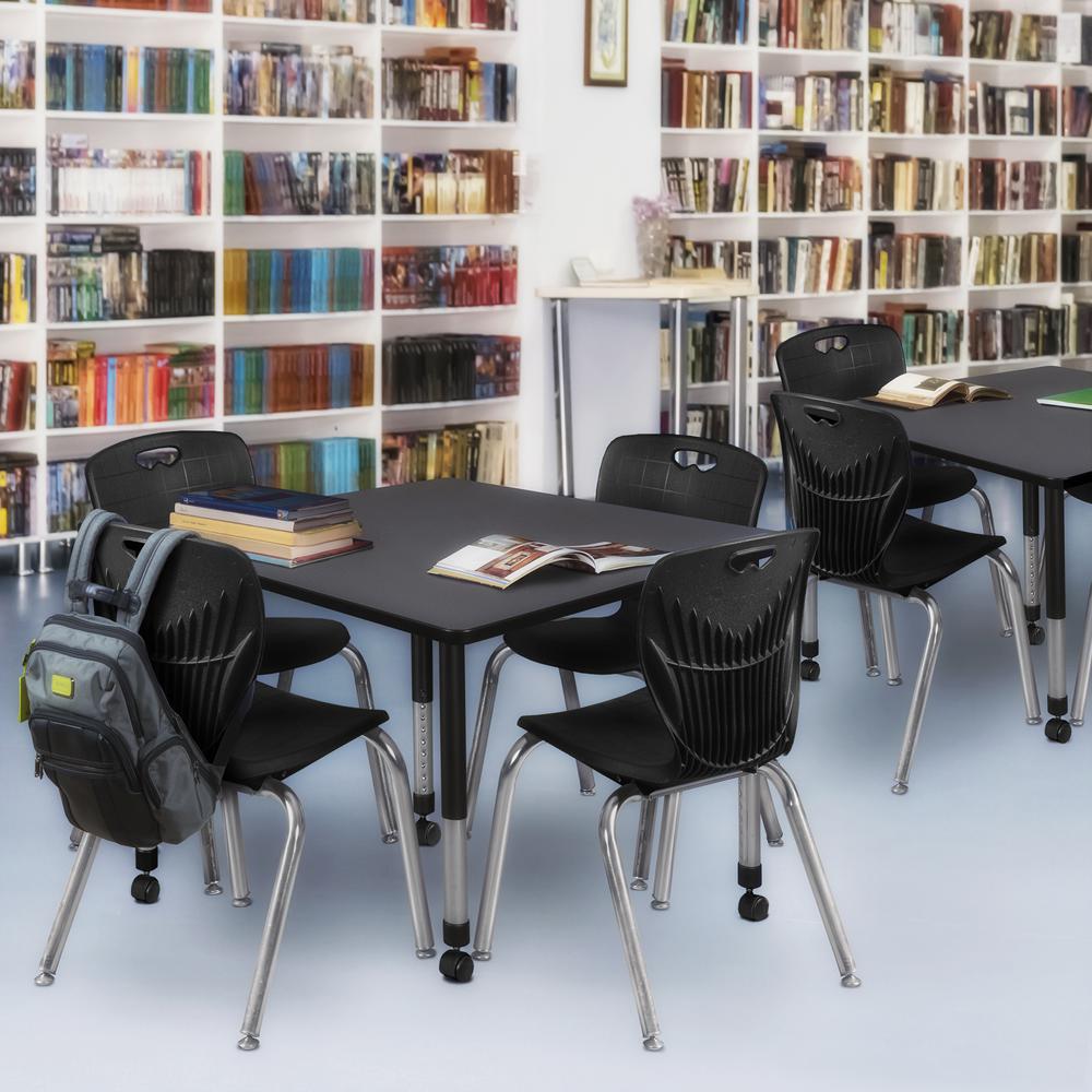 Kee 48" Square Height Adjustable Mobile Classroom Table - Grey &  4 Andy 18-in Stack Chairs- Black. Picture 7