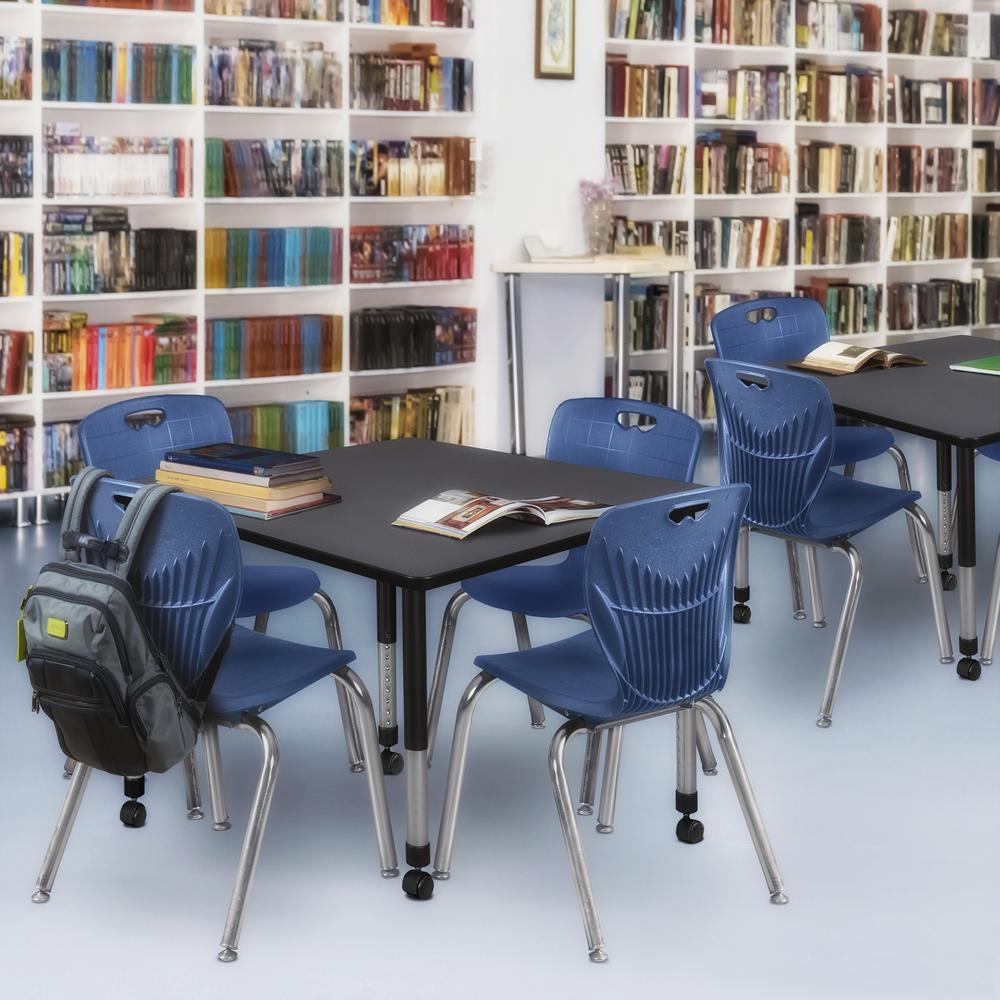 Kee 48" Square Height Adjustable Mobile Classroom Table - Grey &  4 Andy 18-in Stack Chairs- Navy Blue. Picture 7
