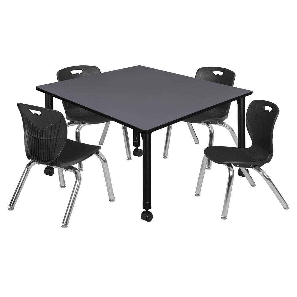 Kee 48" Square Height Adjustable Mobile Classroom Table - Grey &  4 Andy 12-in Stack Chairs- Black. Picture 1