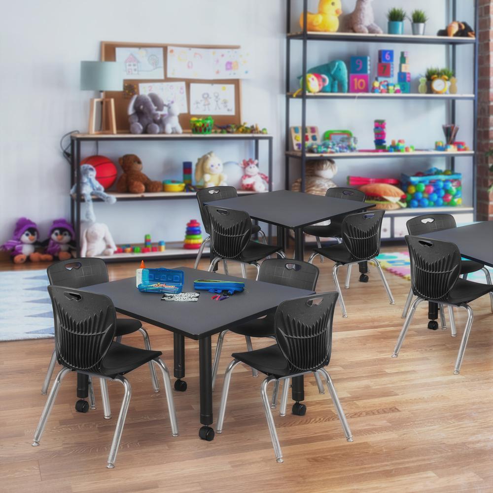 Kee 48" Square Height Adjustable Mobile Classroom Table - Grey &  4 Andy 12-in Stack Chairs- Black. Picture 7