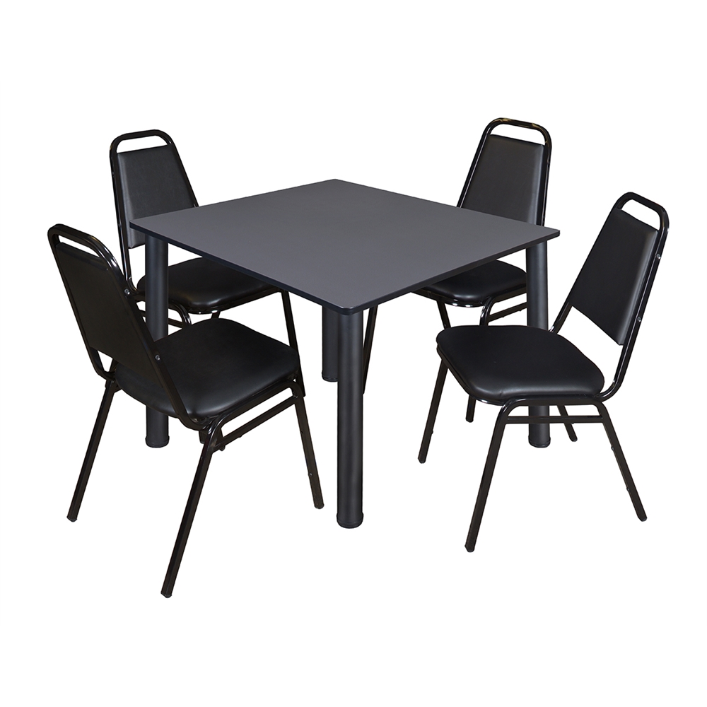 Kee 48" Square Breakroom Table- Grey/ Black & 4 Restaurant Stack Chairs- Black. Picture 1