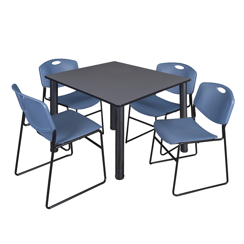 Kee 48" Square Breakroom Table- Grey/ Black & 4 Zeng Stack Chairs- Blue. Picture 1
