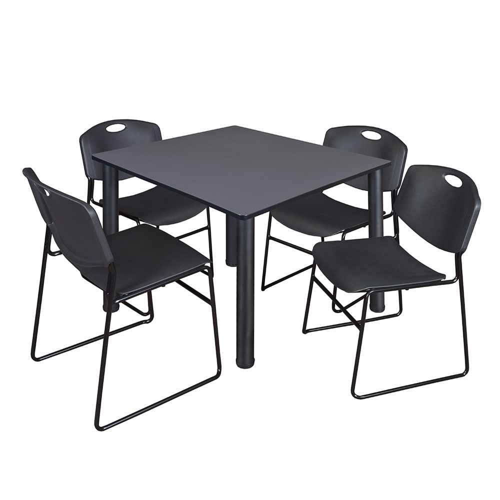 Kee 48" Square Breakroom Table- Grey/ Black & 4 Zeng Stack Chairs- Black. Picture 1