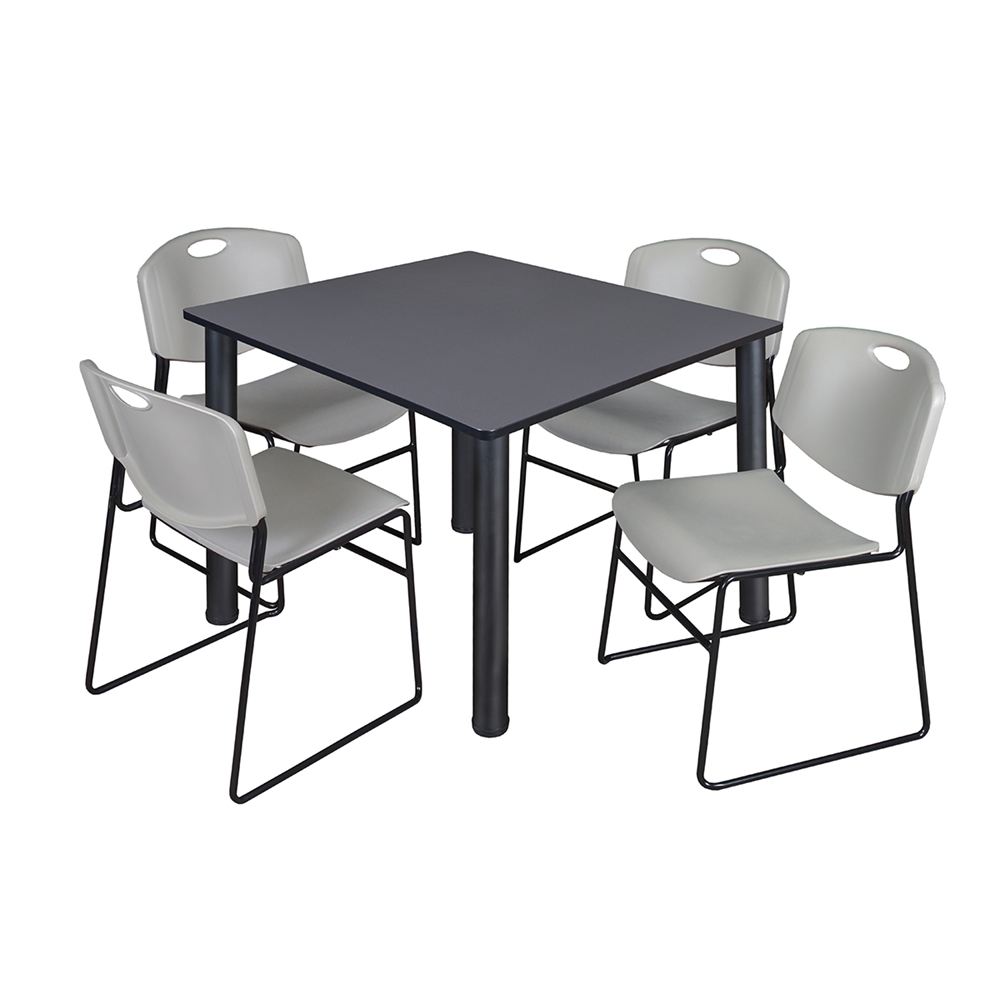 Kee 48" Square Breakroom Table- Grey/ Black & 4 Zeng Stack Chairs- Grey. Picture 1