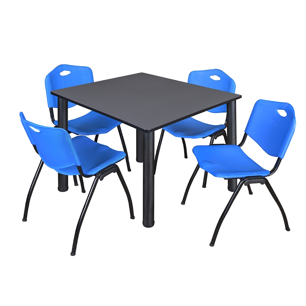 Kee 48" Square Breakroom Table- Grey/ Black & 4 'M' Stack Chairs- Blue. Picture 1