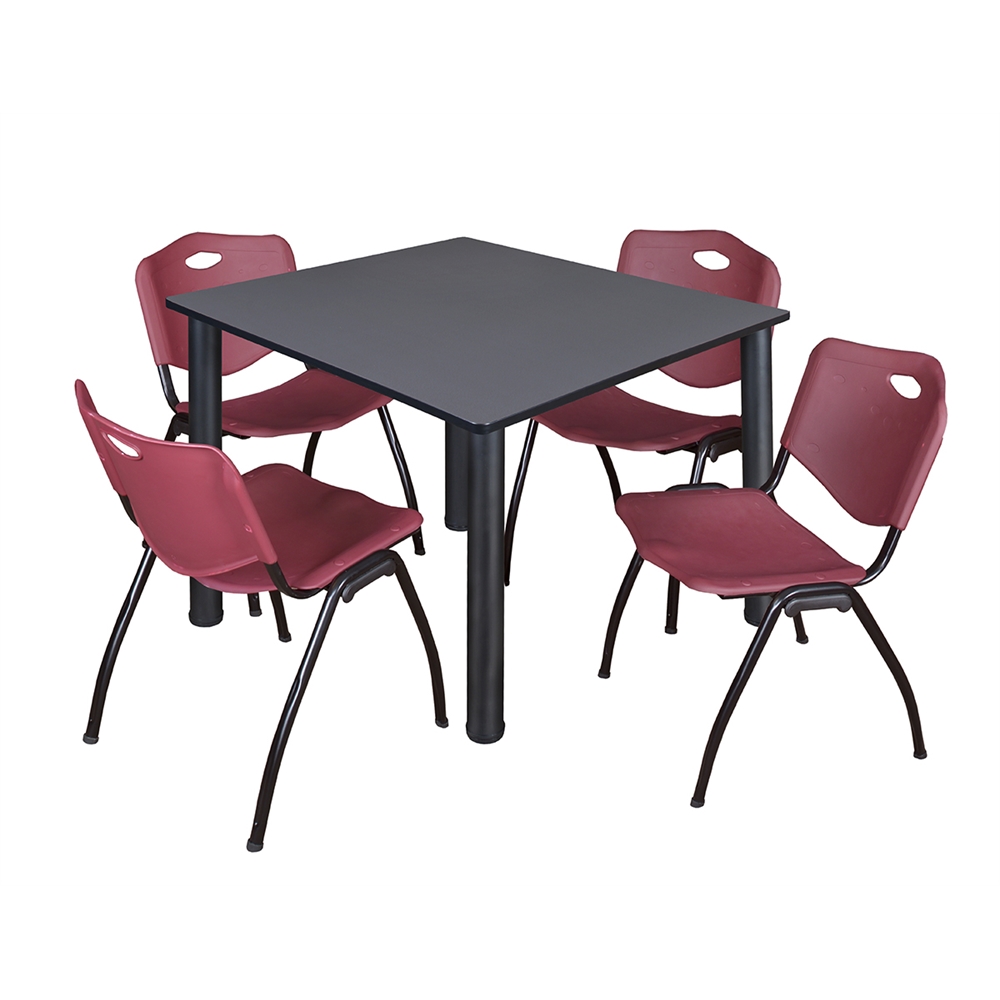Kee 48" Square Breakroom Table- Grey/ Black & 4 'M' Stack Chairs- Burgundy. Picture 1