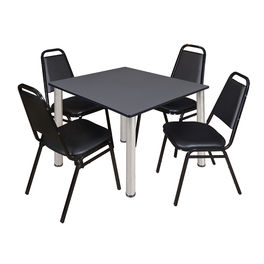 Kee 48" Square Breakroom Table- Grey/ Chrome & 4 Restaurant Stack Chairs- Black. Picture 1