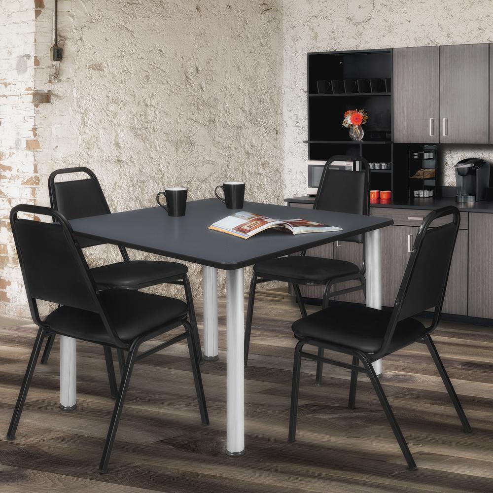 Kee 48" Square Breakroom Table- Grey/ Chrome & 4 Restaurant Stack Chairs- Black. Picture 2