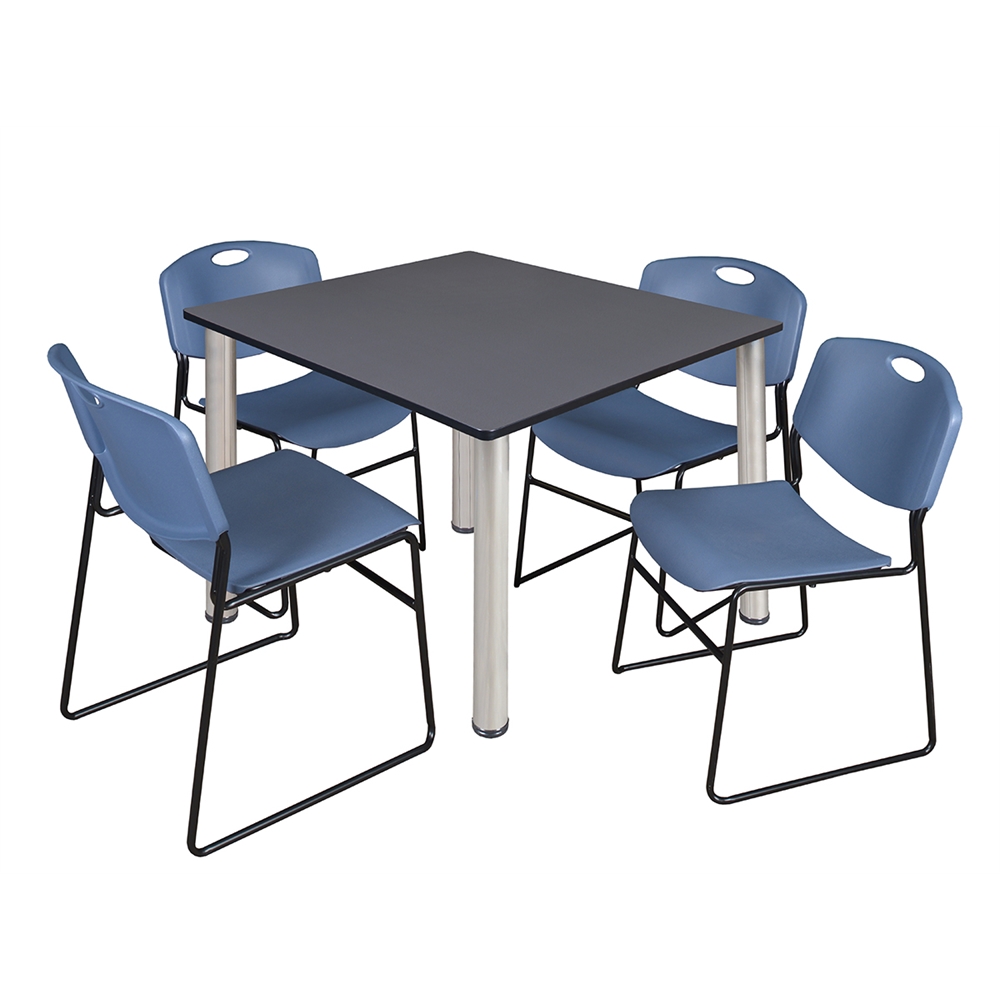 Kee 48" Square Breakroom Table- Grey/ Chrome & 4 Zeng Stack Chairs- Blue. Picture 1