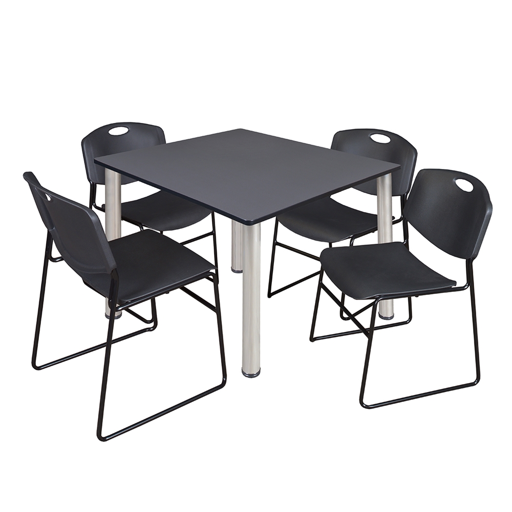 Kee 48" Square Breakroom Table- Grey/ Chrome & 4 Zeng Stack Chairs- Black. Picture 1
