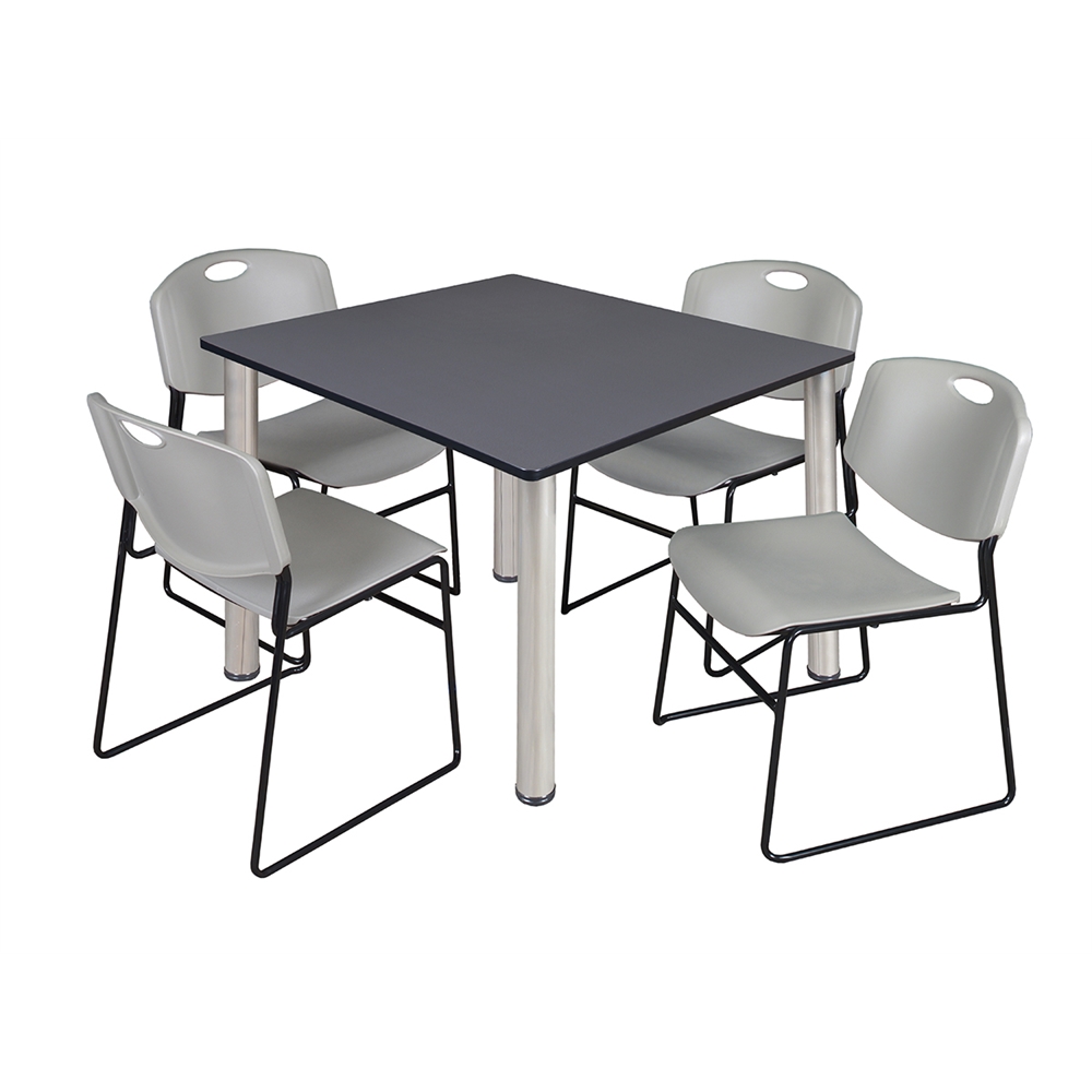 Kee 48" Square Breakroom Table- Grey/ Chrome & 4 Zeng Stack Chairs- Grey. Picture 1
