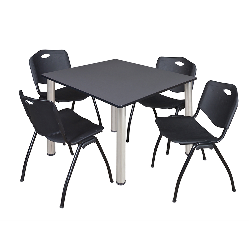 Kee 48" Square Breakroom Table- Grey/ Chrome & 4 'M' Stack Chairs- Black. Picture 1