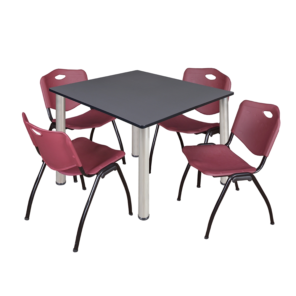 Kee 48" Square Breakroom Table- Grey/ Chrome & 4 'M' Stack Chairs- Burgundy. Picture 1