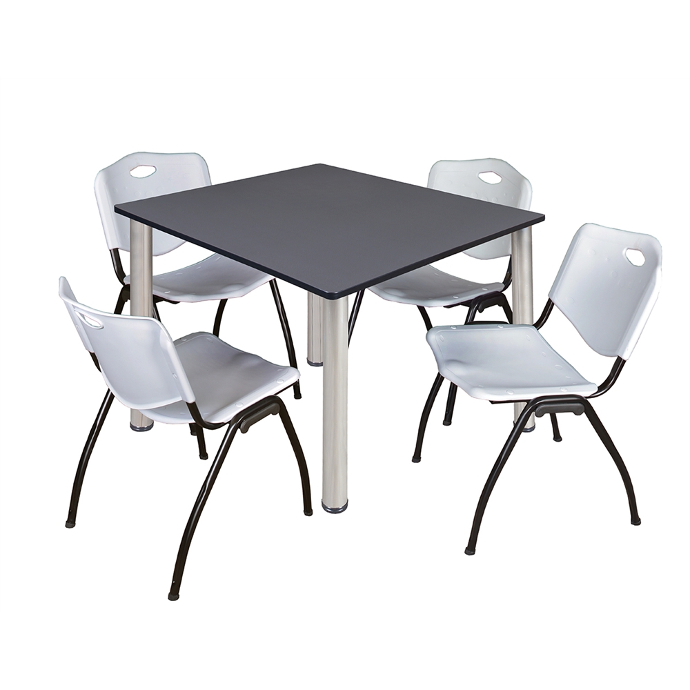 Kee 48" Square Breakroom Table- Grey/ Chrome & 4 'M' Stack Chairs- Grey. Picture 1