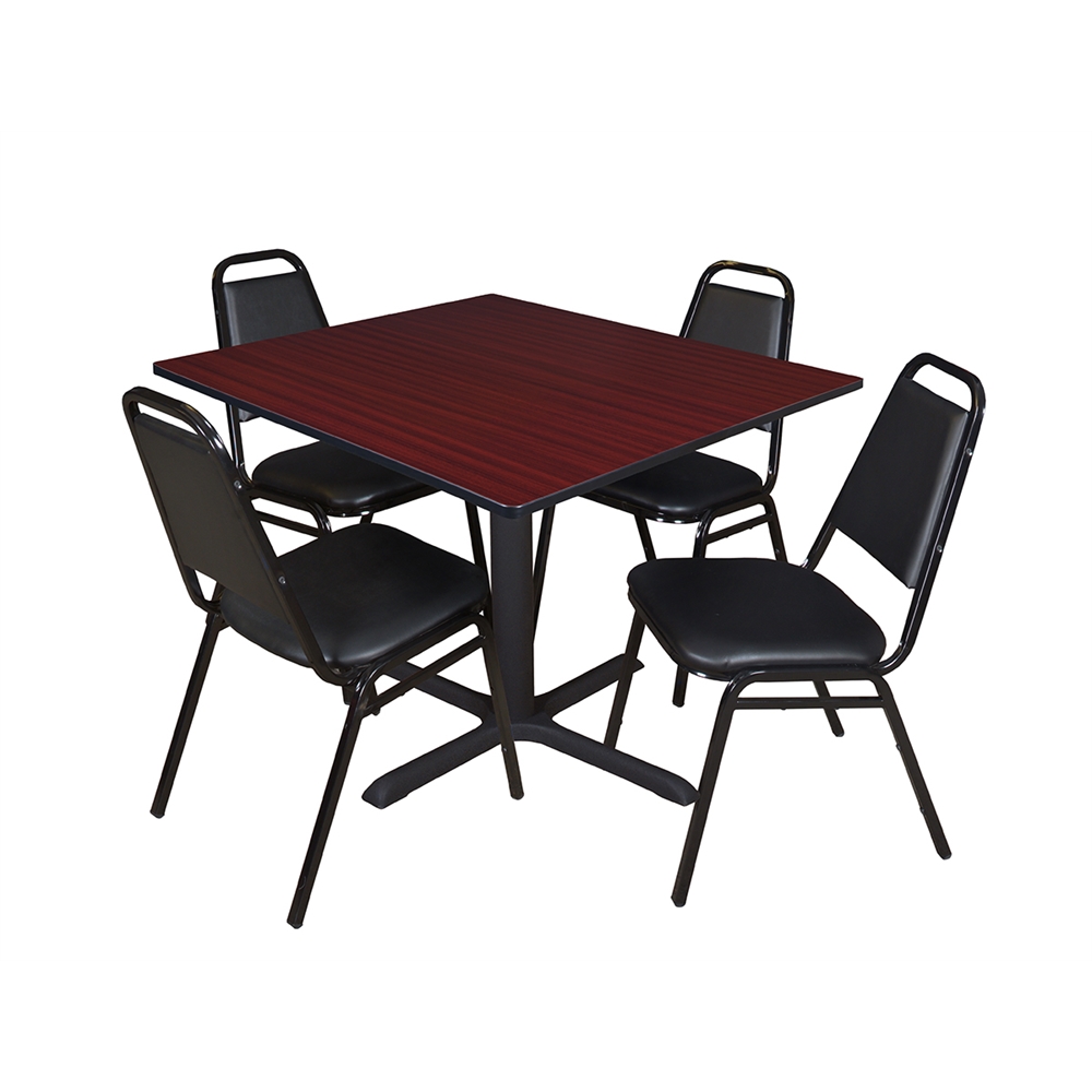 Cain 48" Square Breakroom Table- Mahogany & 4 Restaurant Stack Chairs- Black. Picture 1