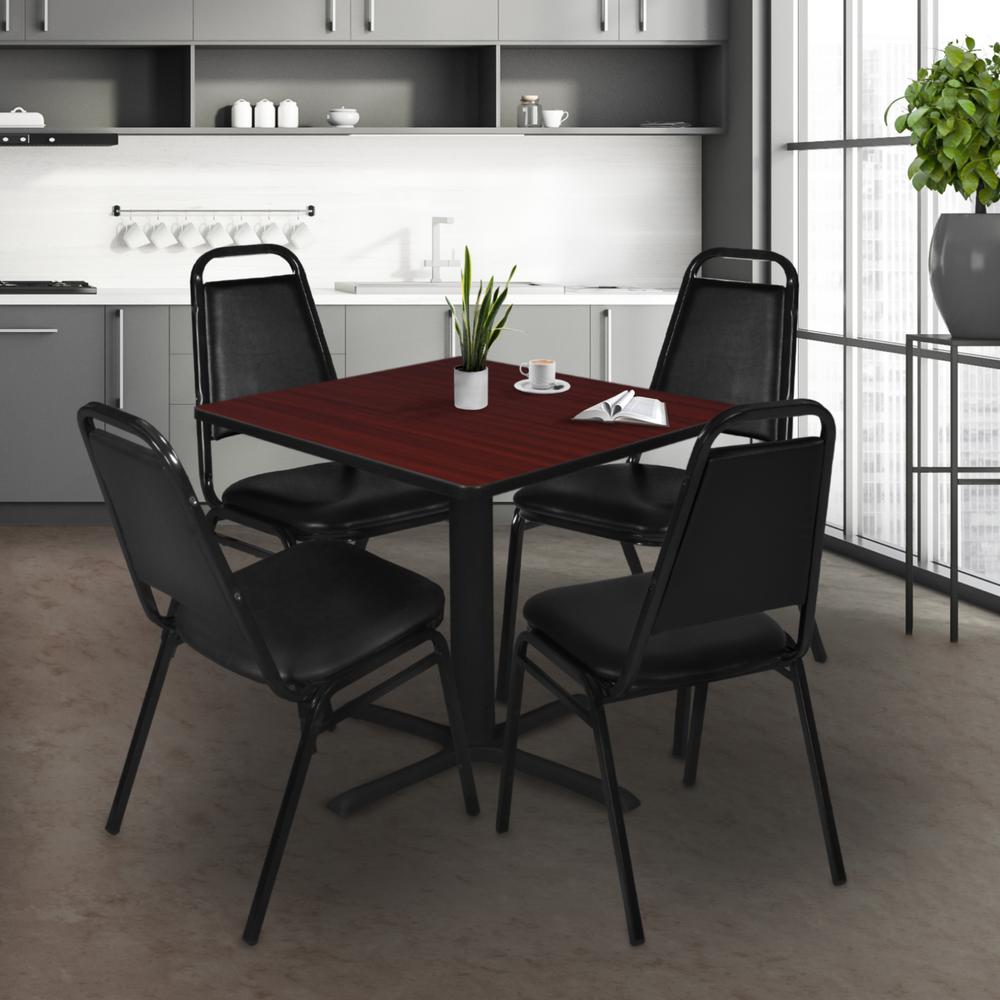 Cain 48" Square Breakroom Table- Mahogany & 4 Restaurant Stack Chairs- Black. Picture 2