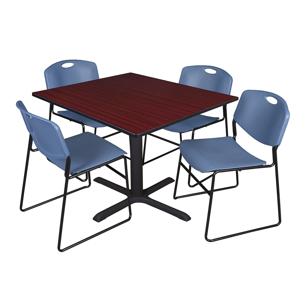 Cain 48" Square Breakroom Table- Mahogany & 4 Zeng Stack Chairs- Blue. Picture 1