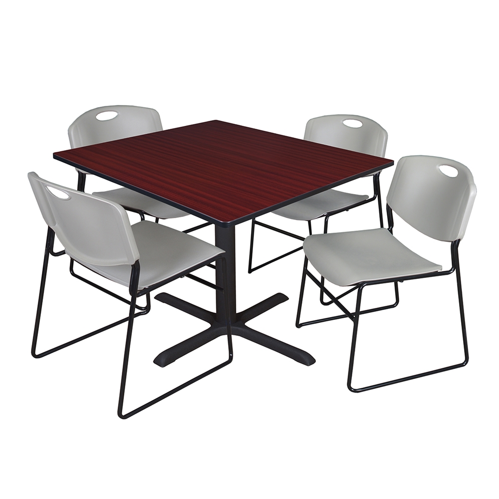 Cain 48" Square Breakroom Table- Mahogany & 4 Zeng Stack Chairs- Grey. Picture 1
