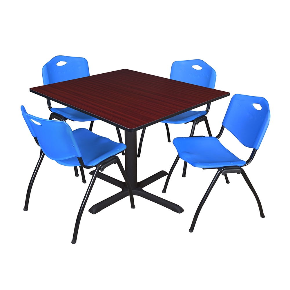 Cain 48" Square Breakroom Table- Mahogany & 4 'M' Stack Chairs- Blue. Picture 1