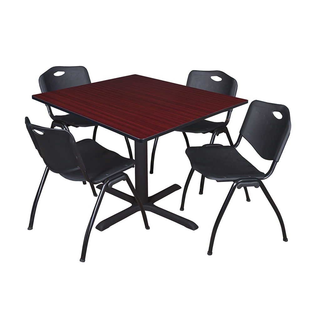 Cain 48" Square Breakroom Table- Mahogany & 4 'M' Stack Chairs- Black. Picture 1